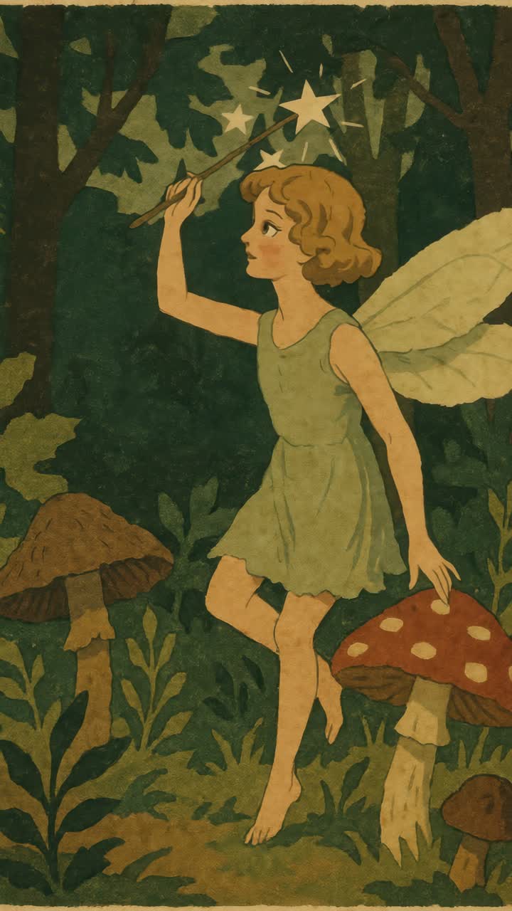 Una fata fantasiosa in una foresta, che tiene una bacchetta luminosa. L'angolazione laterale cattura un'atmosfera da libro di fiabe vintage