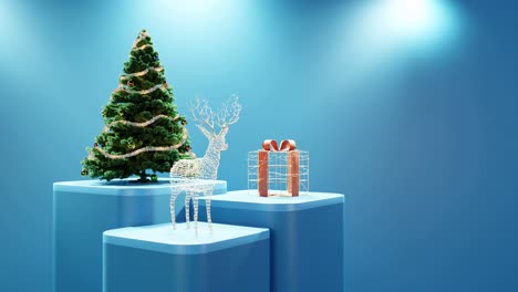 árbol de navidad, renos iluminados y regalos envueltos en fondo azul