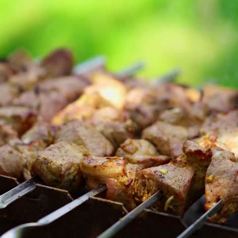 delicious kebab outdoors. preparation of pork meat on grill. skewers with barbecue in mangal on green background.