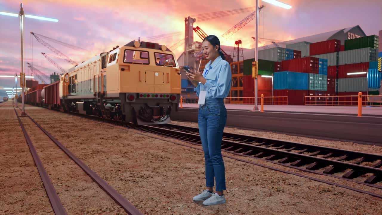 Full Body Side View Of Asian Female With Her Phone With Freight Cargo Train At Port, Working Continuously With Her Phone