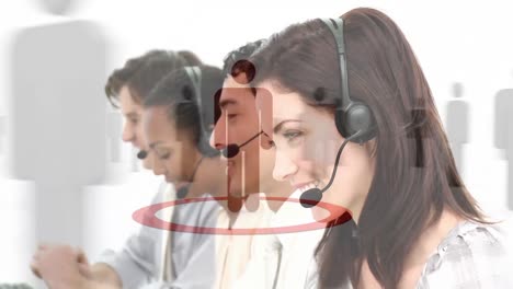 Animation-of-network-of-connection-with-icons-over-business-people-wearing-phone-headsets