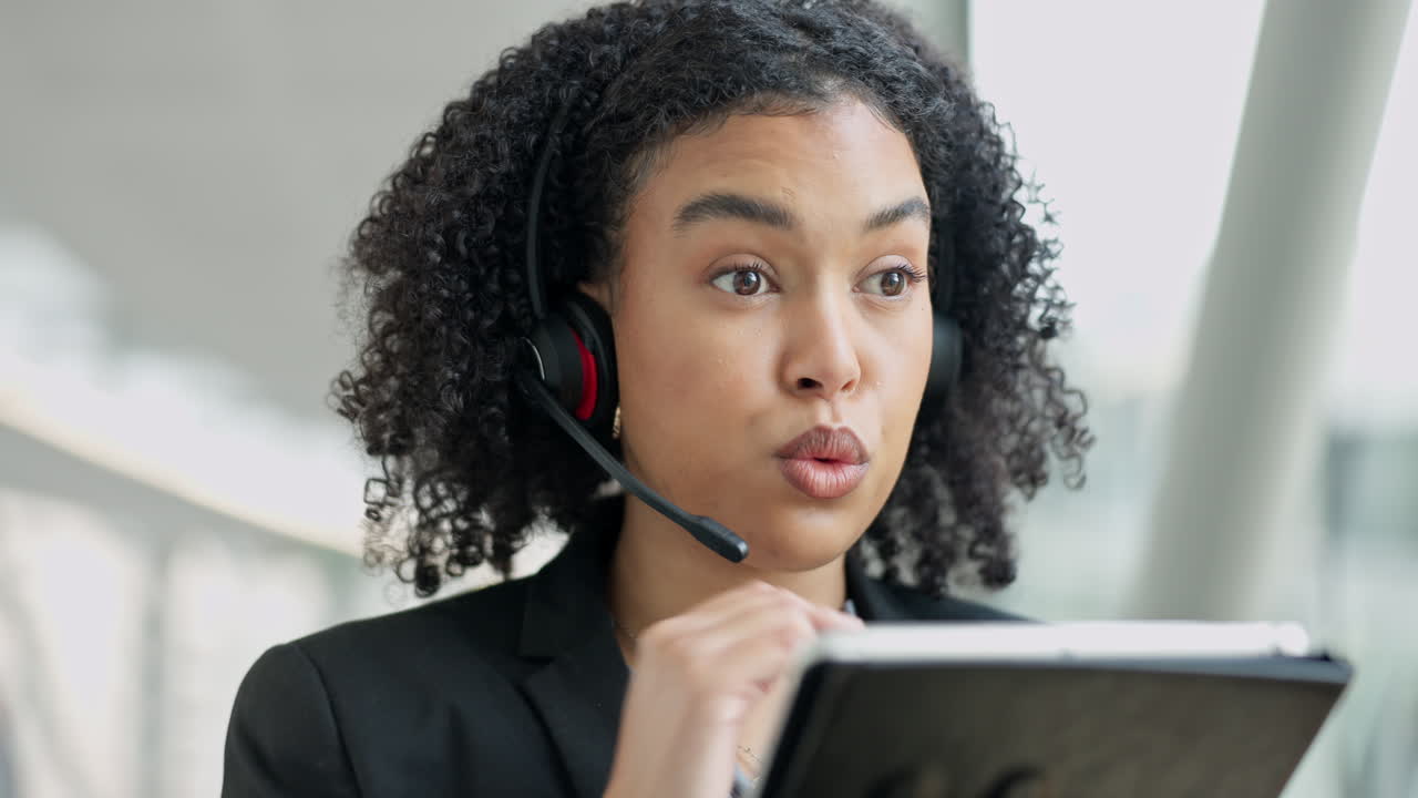 Tablet, call center and woman doing an online
