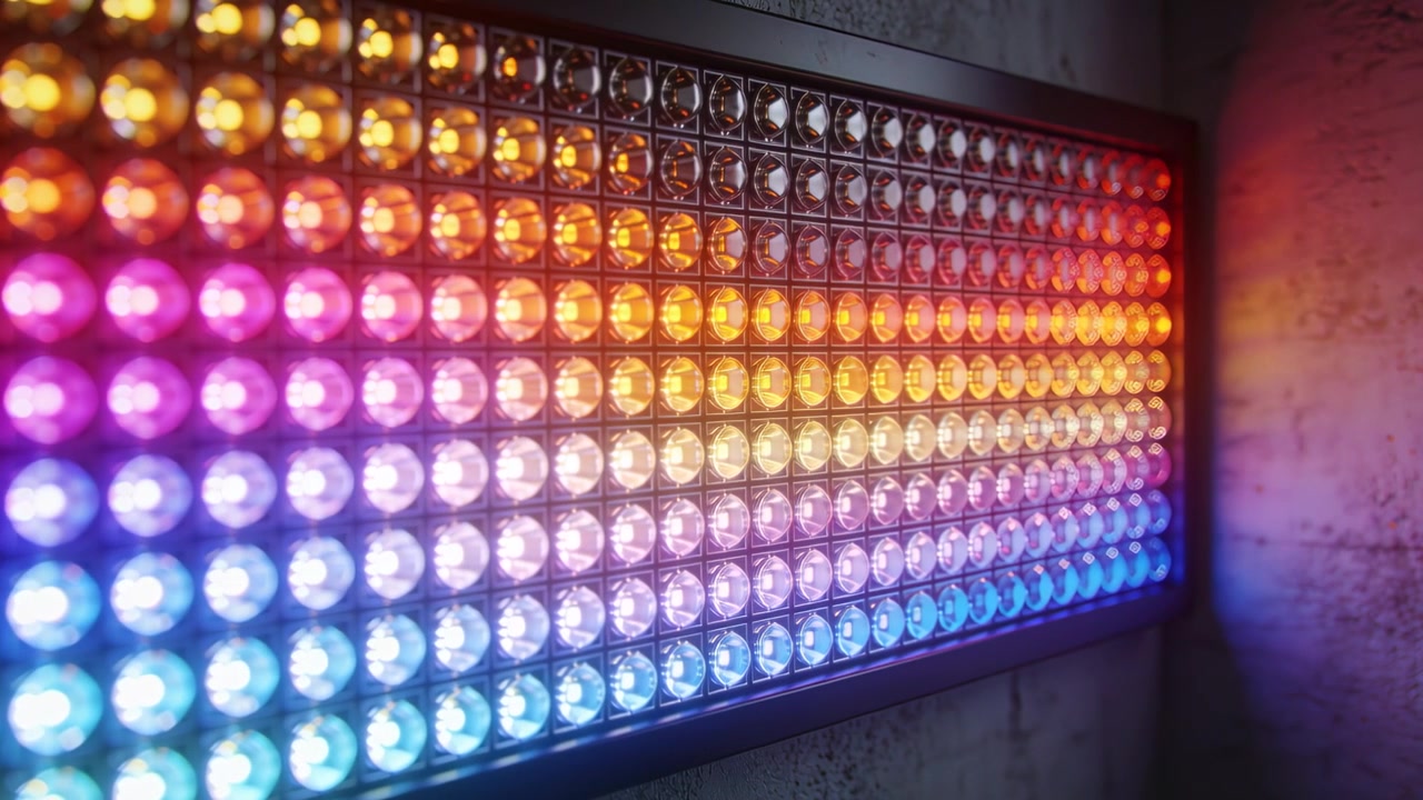Startsequenz auf einem LED-Matrix-Panel, das warme bis cyanfarbene Farben über eine Betonwand mit Metallverkleidung wechselt.