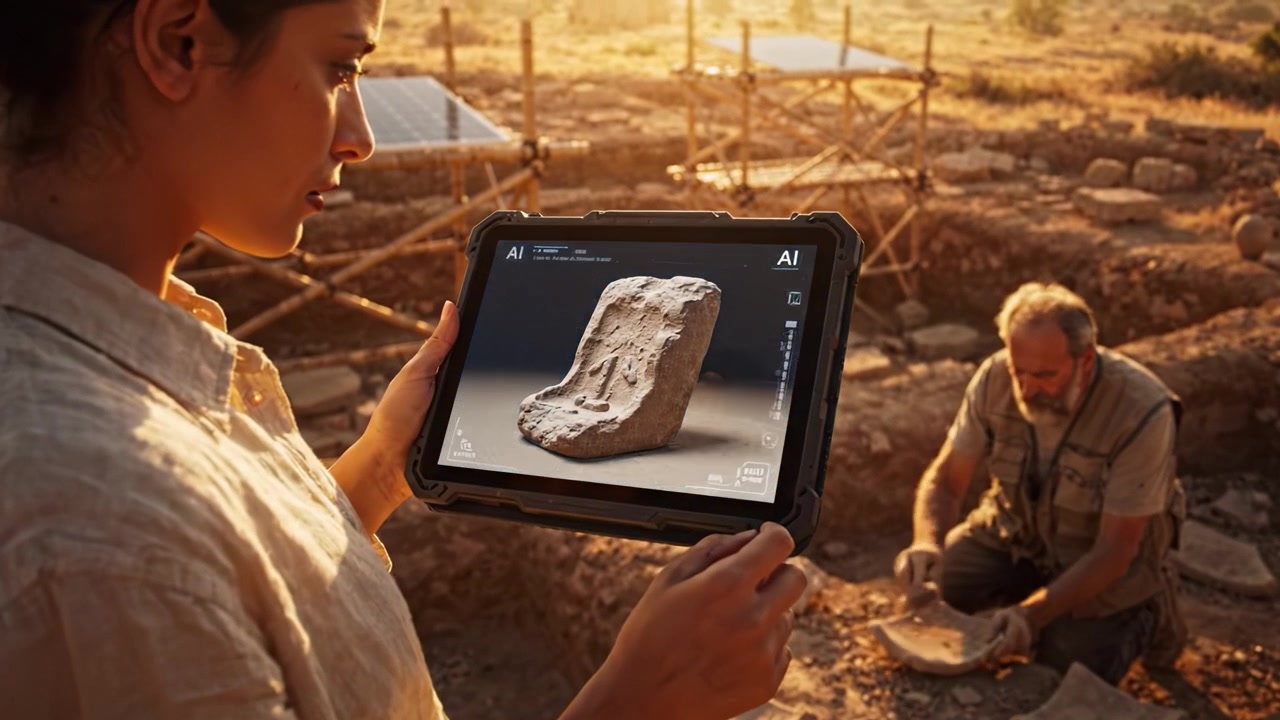 Archaeological Discovery: Researchers Analyze Artifacts with Technology Amidst Solar-Powered Excavation Site in Sunset Lighting