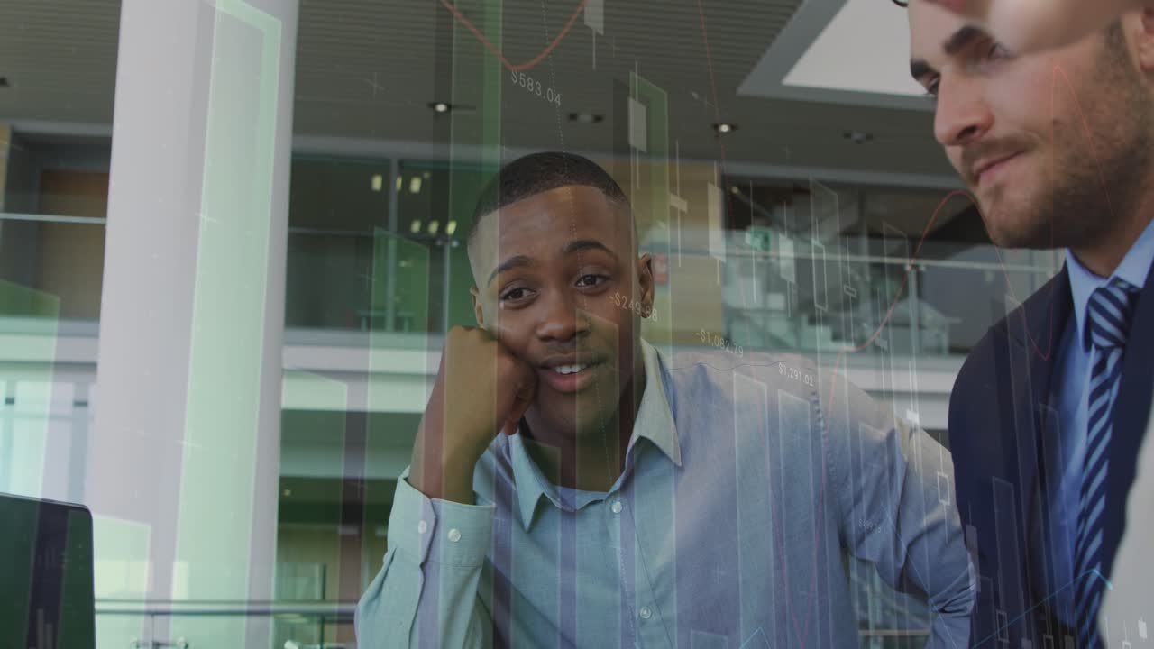 Animation of financial graphs over diverse businesspeople talking in office