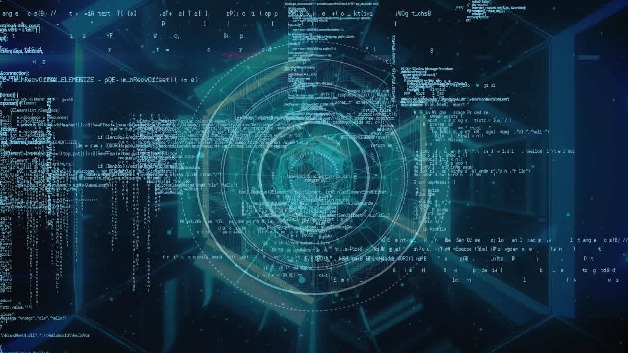 animación del lenguaje de programación sobre globo, gráfico, barras, mapa y reloj digital.