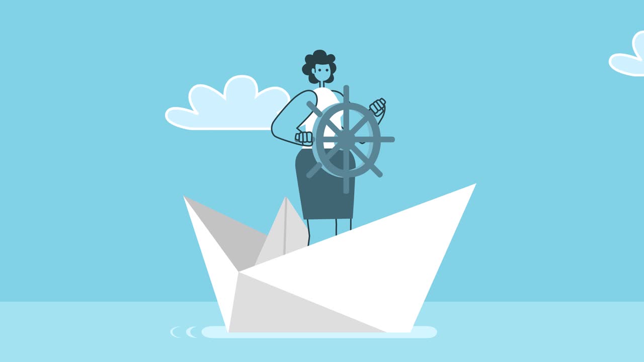 종이 보트를 주도하는 만화 여성: 평평한 디자인 2d 캐릭터 고립 루프 애니메이션과 알파 채널