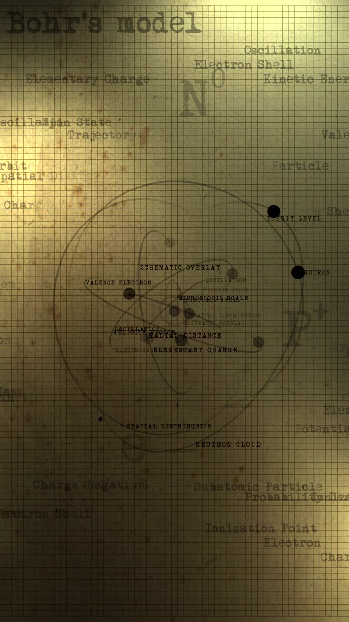 Animated atomic structure with technical labels on a vintage grid paper aesthetic. Ideal for educational documentaries, physics history, and scientific research presentations.