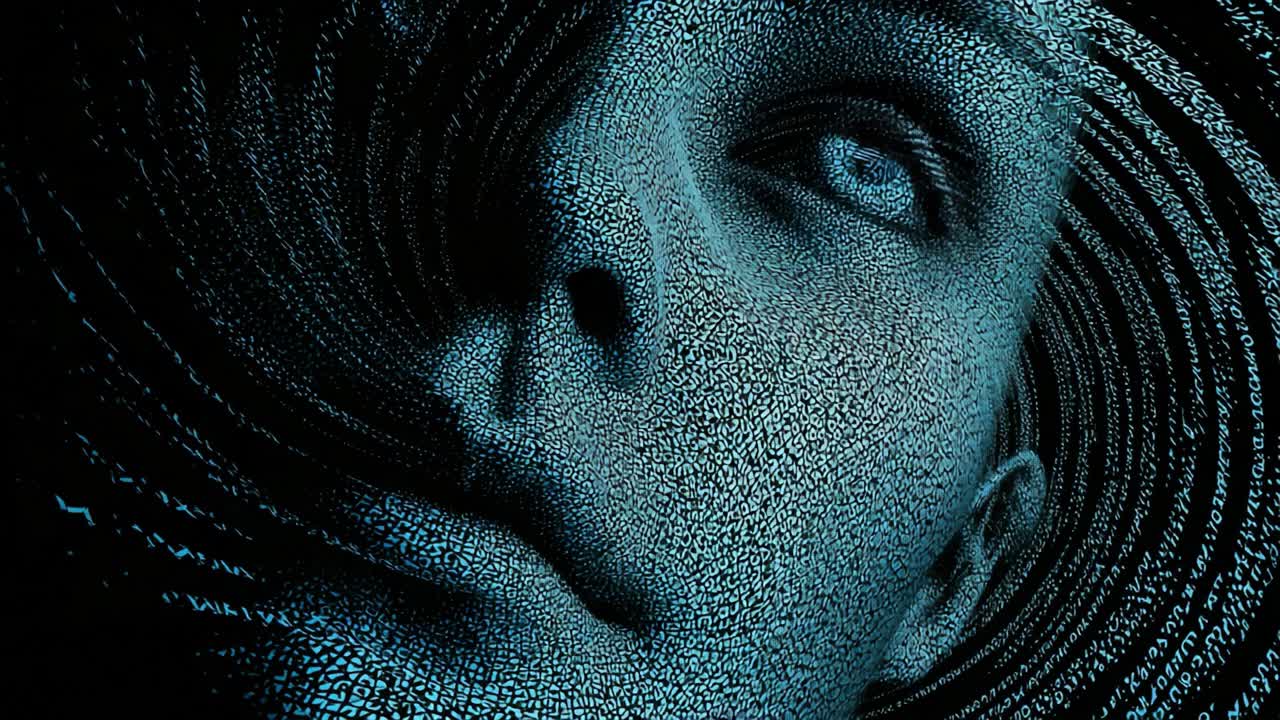 A mesmerizing exploration of abstract digital art featuring a stylized face emerging from a swirling vortex of alphanumeric characters and lines, creating an illusion of depth and motion in a darkened environment