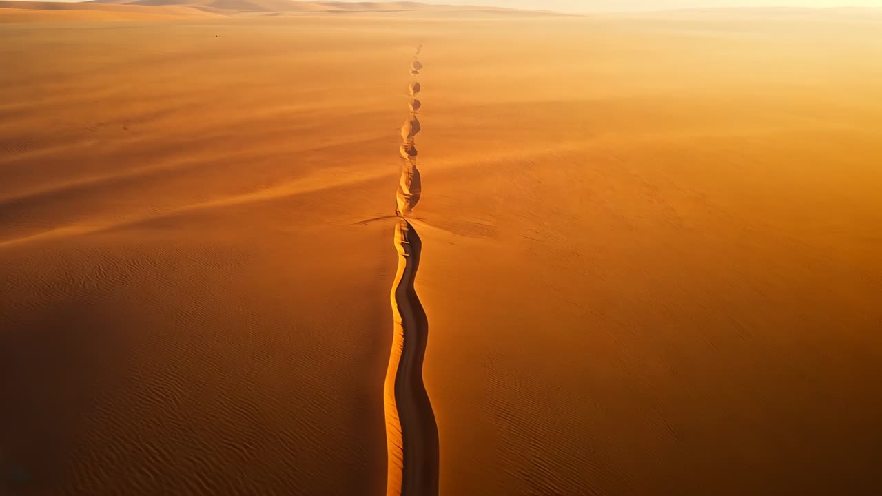 Flying drone after takeoff revealing linear dune crest over desert plain, highlighting ripples
