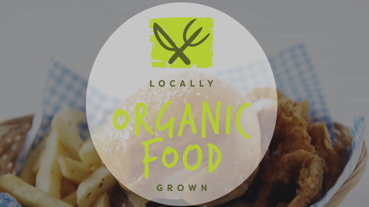 animación de texto en primer plano de varios platos de alimentos orgánicos cultivados localmente