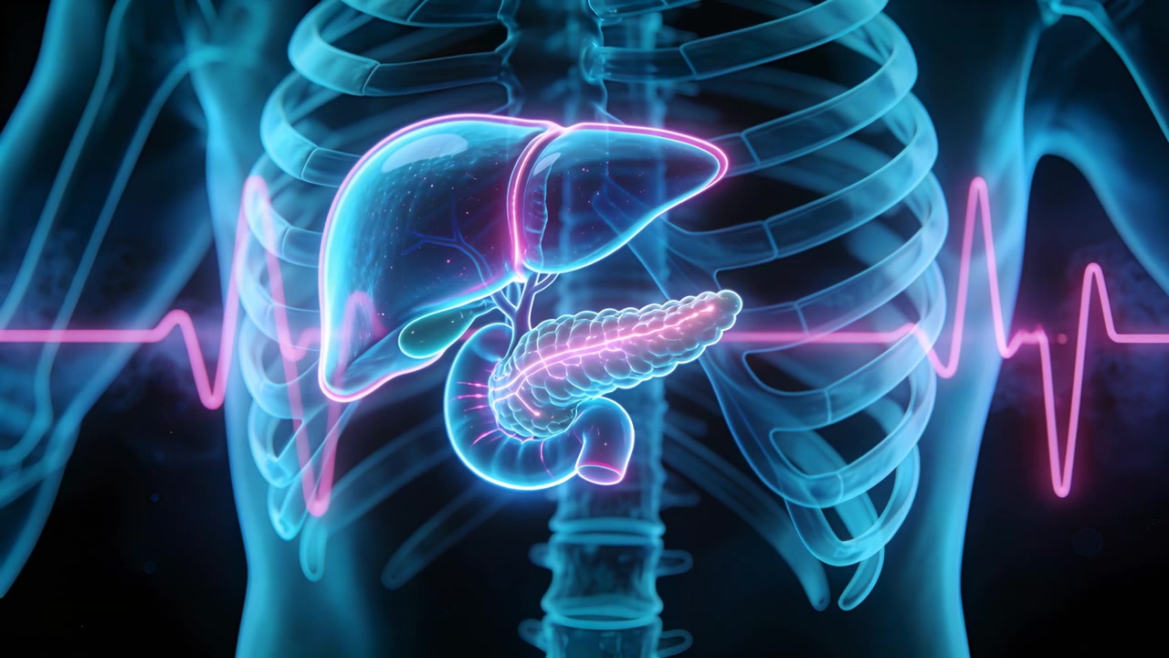 Pulsing neon-highlighted liver and pancreas in frontal chest render, ECG peak driving organ pulse