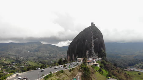 aerial lowering shot of famous tourist destination piedra del penol