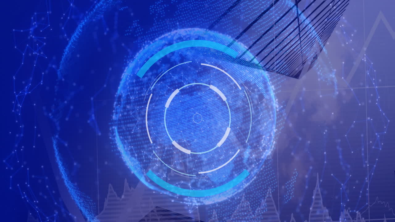 둥근 스캐너와 연결 네트워크는 높은 건물에 대한 파란색 배경에