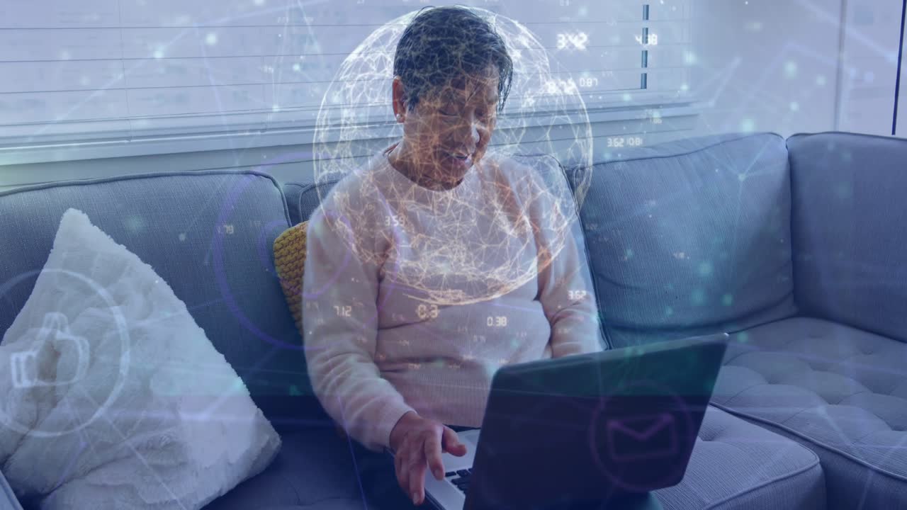 A woman is using a laptop in her living room