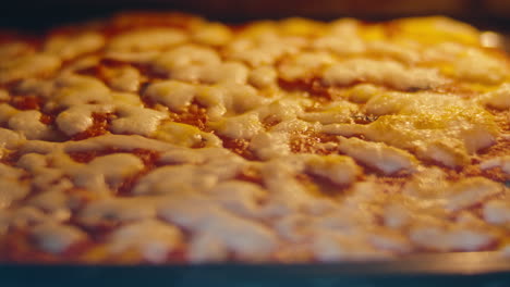 pizza with mozzarella and tomato sauce being baked in oven
