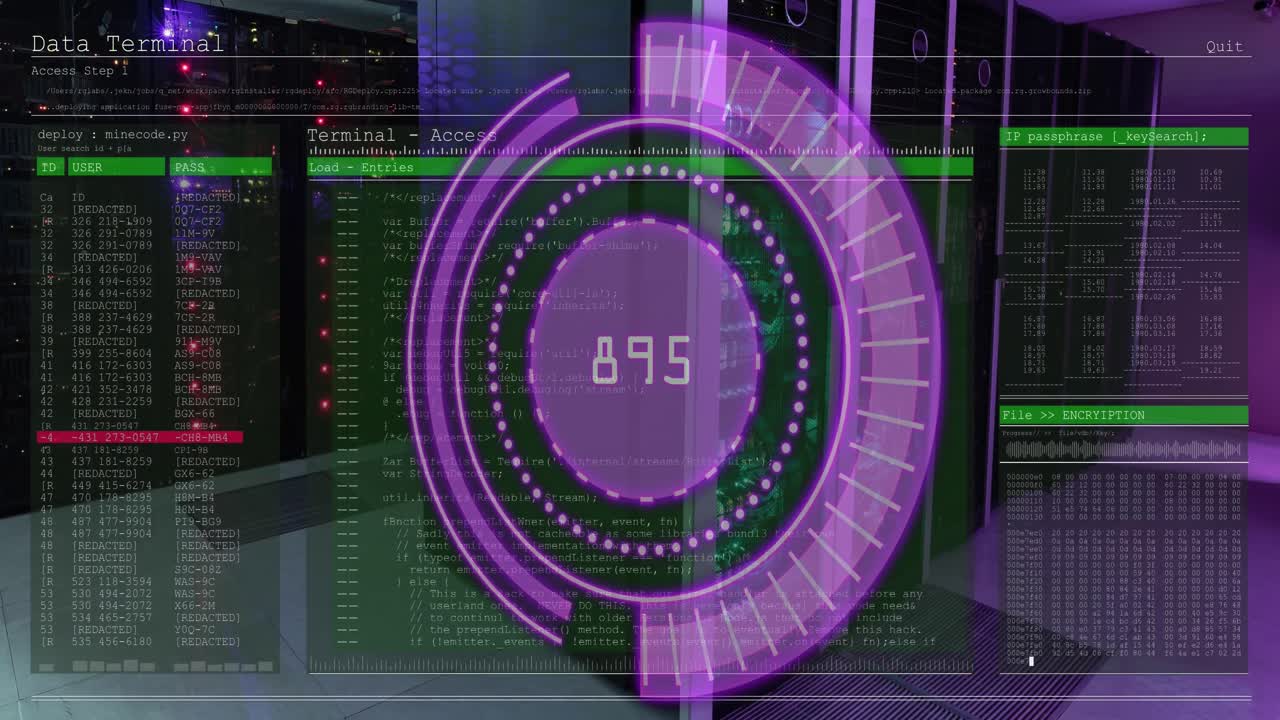 animación del escaneo del alcance con números y procesamiento de datos a través de servidores informáticos