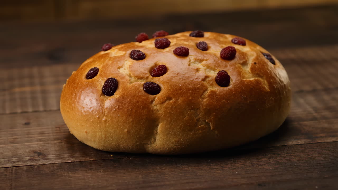 Golden Bread Loaf with Raisins on a Wooden Table