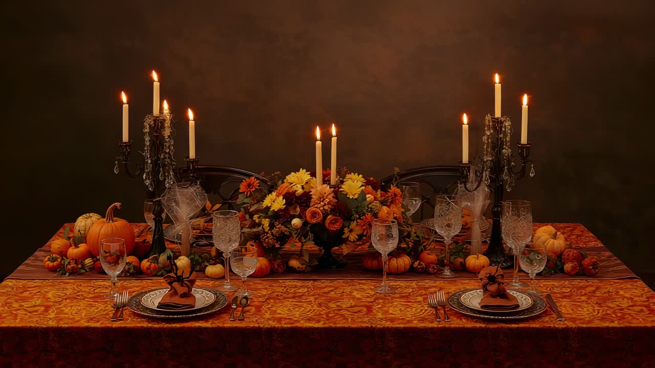 Pulling back camera and panning down revealing table in dining room, with candles and centerpiece