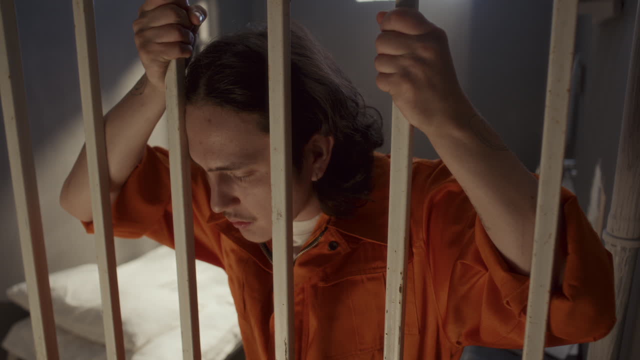 Inmate Gripping Bars and Looking Out of Jail Cell in Frustration
