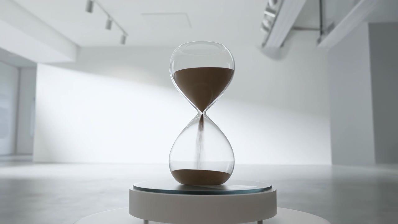 Centered glass hourglass on round white pedestal inside bright minimalist gallery, warm brown sand falls through narrow neck from upper bulb into lower bulb, creating soft reflections, symmetry and
