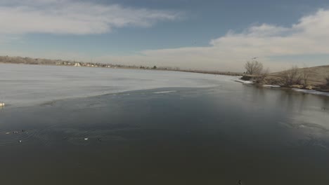 a reverse pan catching birds in flight over a frozen lake