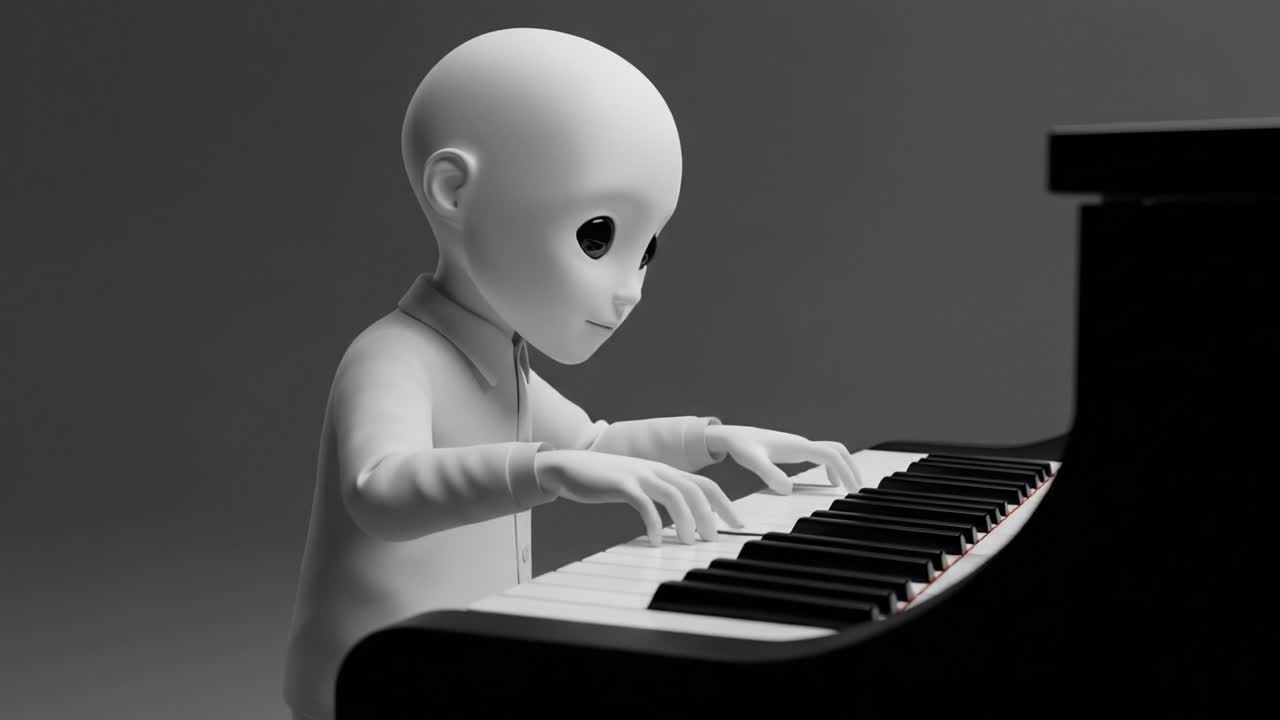 A captivating animated character, with a smooth white exterior, skillfully plays a grand piano, showcasing musical talent and dedication in a monochromatic setting