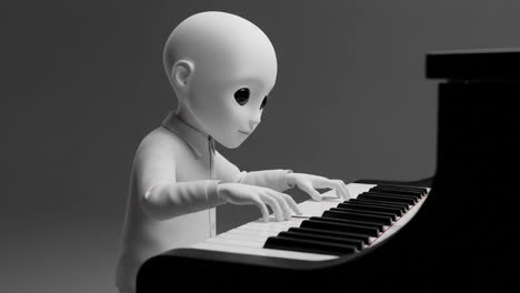 a captivating animated character, with a smooth white exterior, skillfully plays a grand piano, showcasing musical talent and dedication in a monochromatic setting