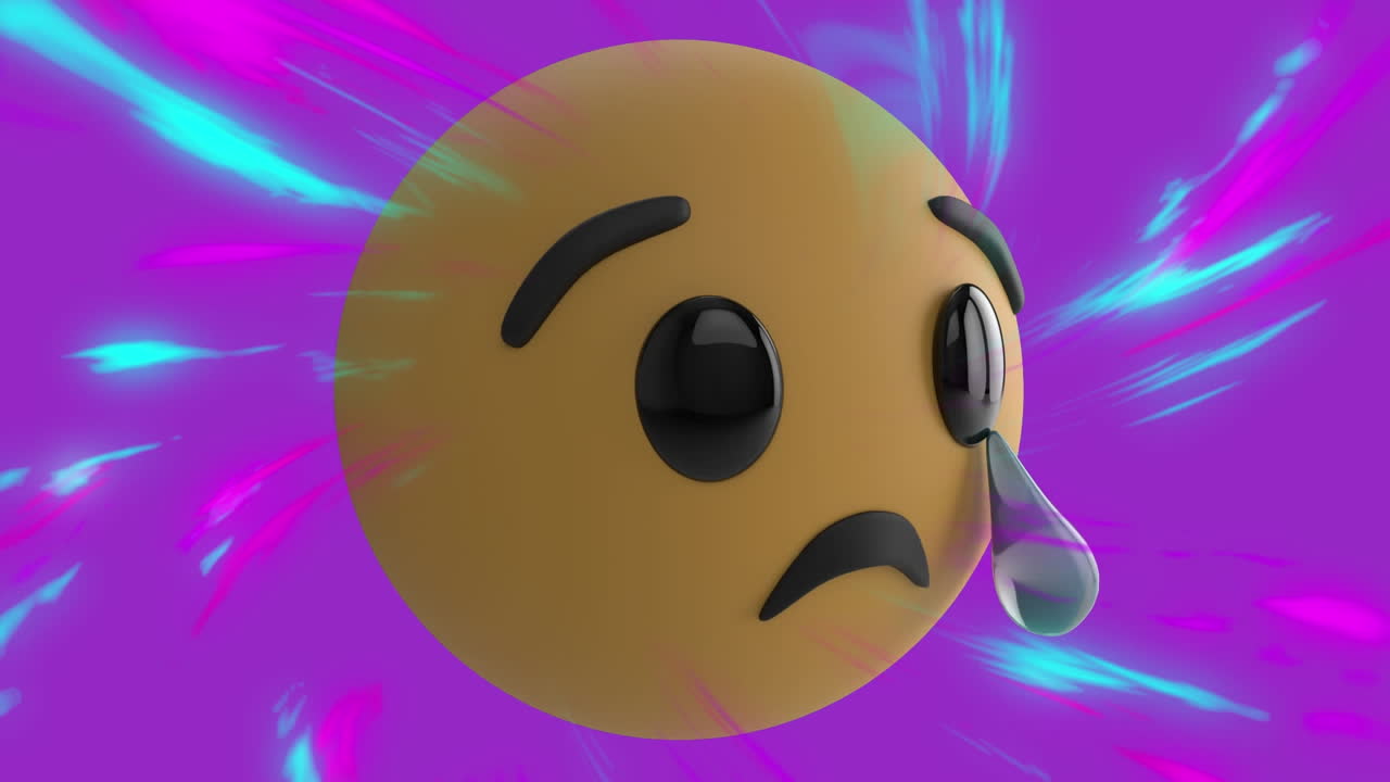 보라색과 색 배경에 다채로운 불빛 위에 슬픈 이모지 애니메이션