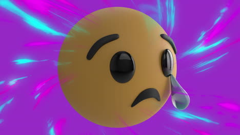 animación de emoji triste sobre luces de colores en fondo púrpura y blanco