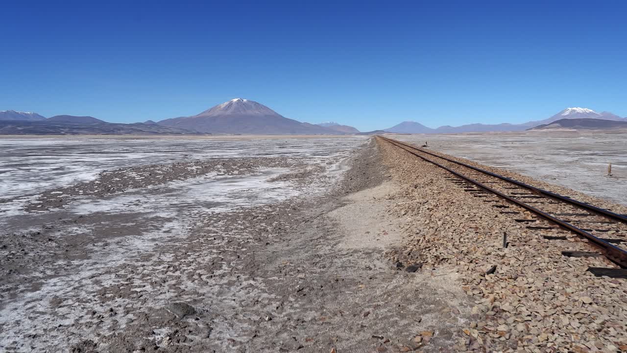 pan a través de la meseta alta a la vía del ferrocarril va en bolivia altiplano