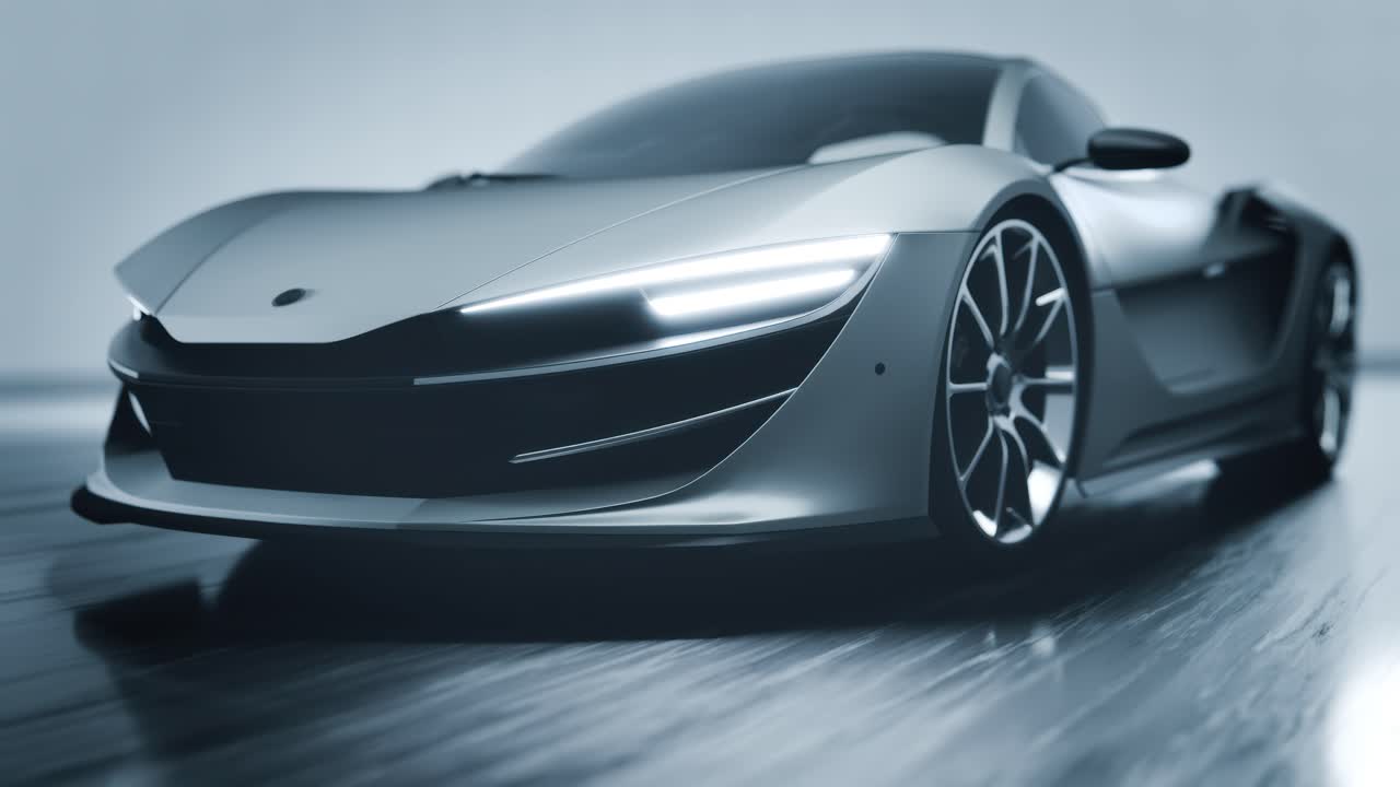 Vista frontale di un'auto sportiva di lusso moderna con fari luminosi.