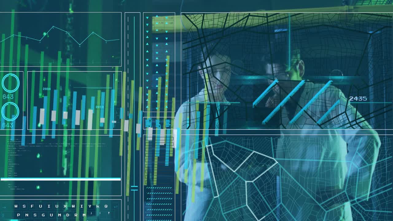 animación del procesamiento de datos sobre diversos trabajadores en la sala del servidor