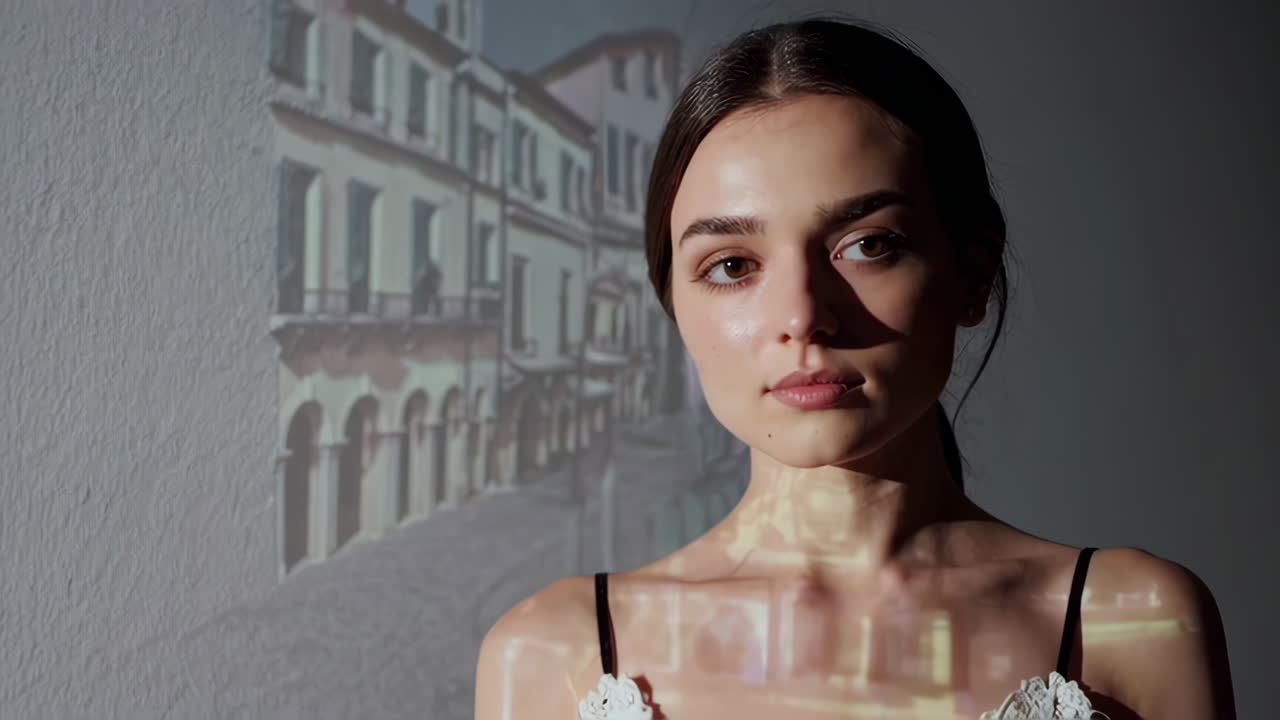 Portrait of a Young Woman with Projected Cityscape