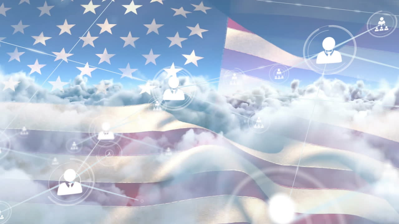 American flag and cloud computing animation over network of connected user icons