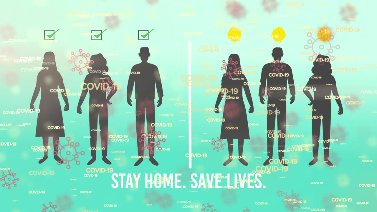 파란색 배경에 바이러스의 확산을 보여주는 실루 ⁇  그림의 애니메이션