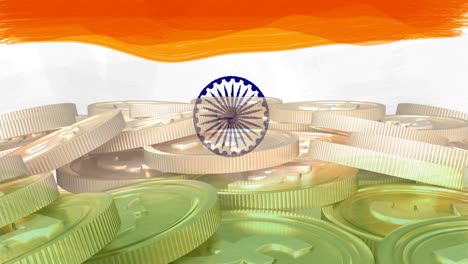 animation of flag of india over stack of gold coins