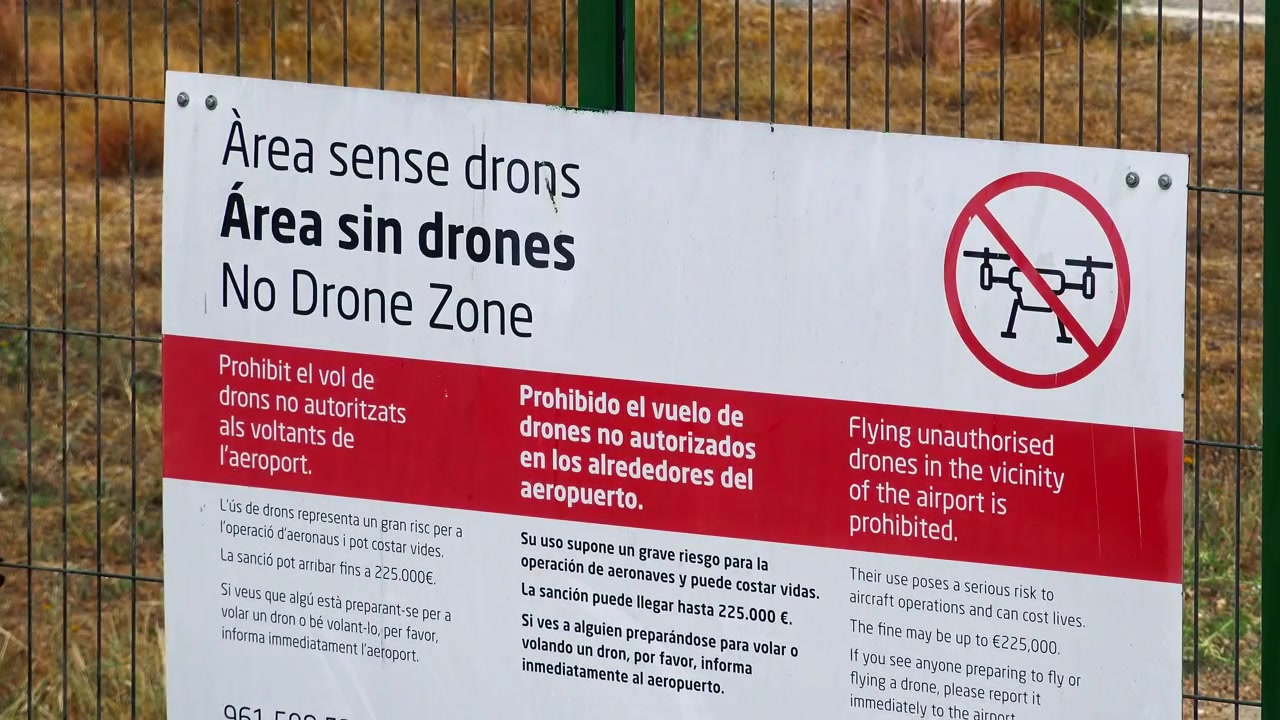 Segnale di avvertimento 'Zona vietata ai droni' presso la recinzione perimetrale dell'aeroporto.