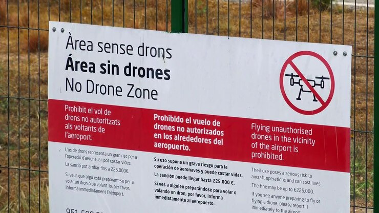 Segnale di avvertimento 'Zona vietata ai droni' presso la recinzione perimetrale dell'aeroporto.