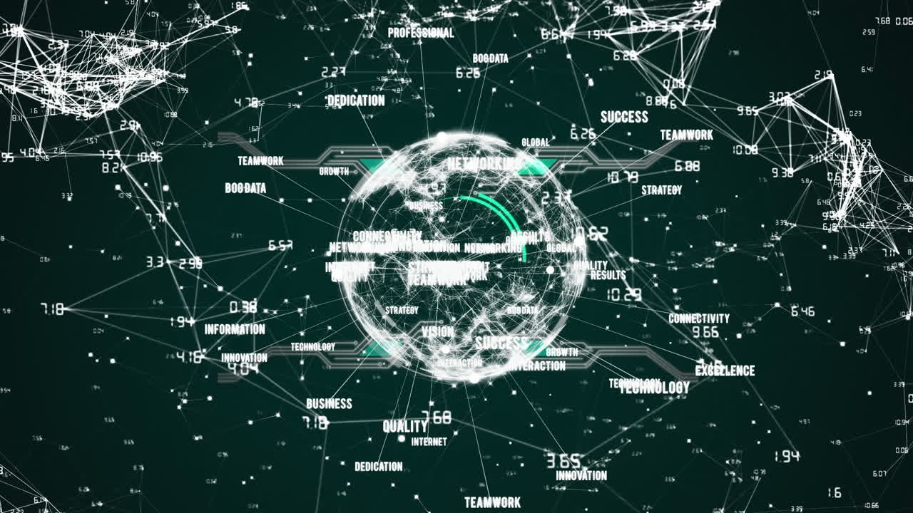 Animation of globe with business texts over black background