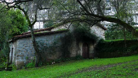 side angle view of rocky wall covered in vines of hermitage of portovello, as lagoas ourense spain