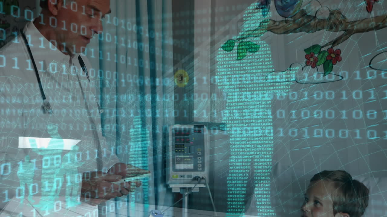 animación del procesamiento de datos de codificación binaria sobre un paciente varón y un médico masculino utilizando un teléfono inteligente