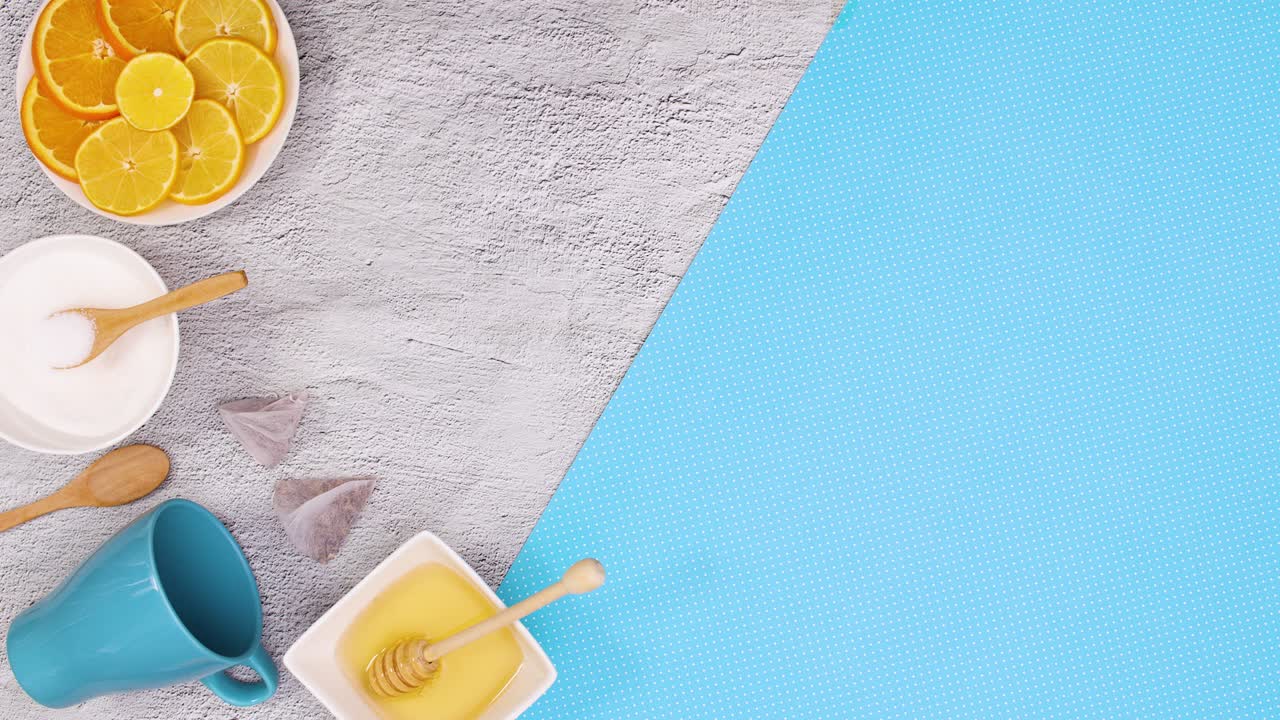 Supplies for making tea and utensil move on left side. Stop motion