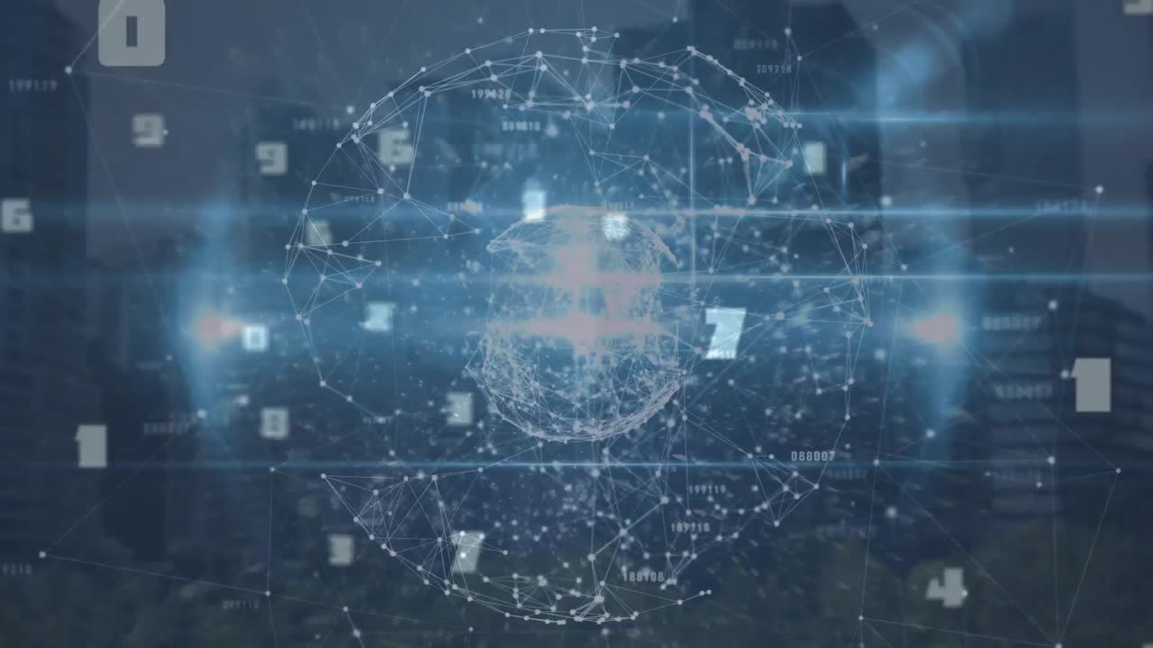 연결 네트워크, 데이터 처리 및 반 ⁇ 이는 불빛과 함께 회전하는 지구의 애니메이션