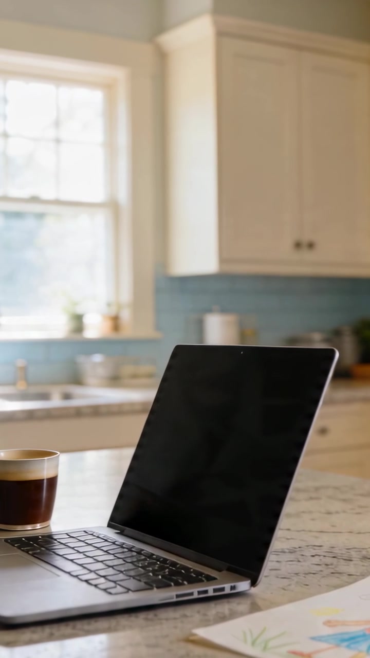 Vertical video: Panning camera filming laptop on kitchen counter after tilt, showing cup, drawing