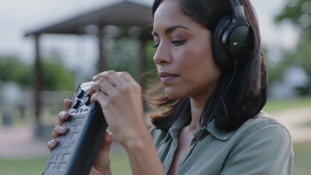 Adjusting woman in olive-green shirt tuning field recorder in park while hearing cue via headphones