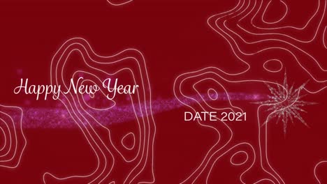 Animation of happy new year2021 text over white moving lines on red background
