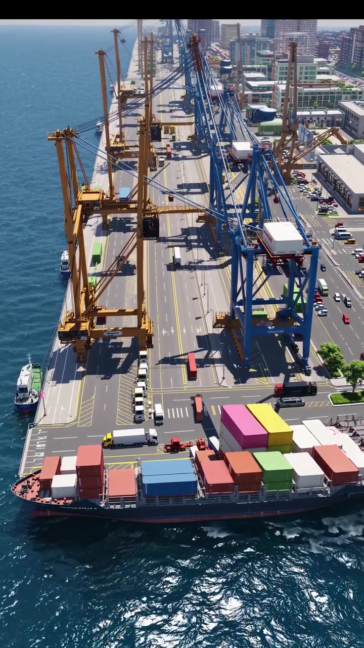 Vista aerea di porto commerciale trafficato con nave portacontainer