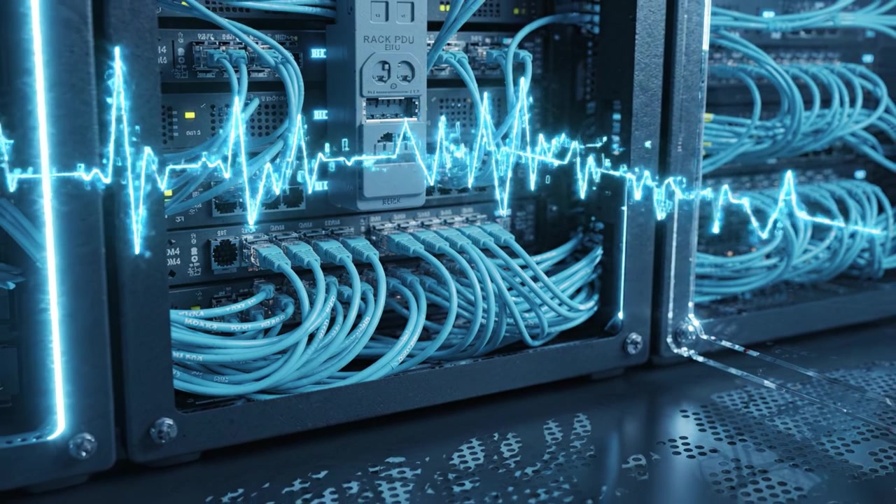 High-Tech Server Systems: An Insight Into Modern Data Center Networking With Vibrant Cables and Real-Time Data Visualization on Electronic Displays