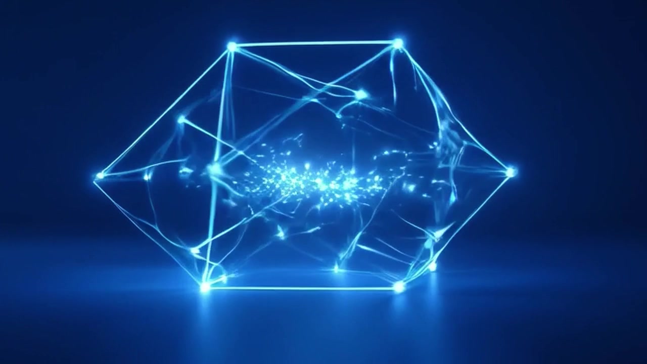 Glowing Blue Particles Forming Geometric Network Structure